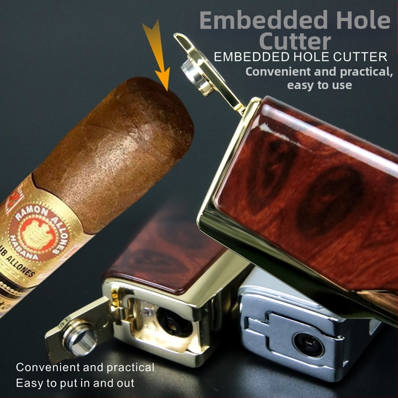 Метална бутанова запалка, устойчива на вятър, с нож за пури и държател за пури