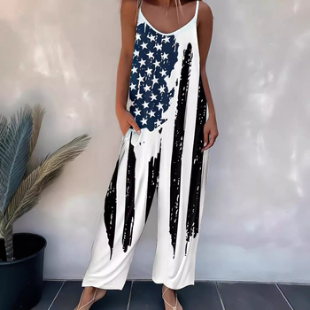 Ολόσωμη φόρμα με εκτύπωση, καθημερινή γραμμή, χωρίς μανίκια, ρυθμιζόμενες τιράντες, πολυεστερικό ύφασμα, ίσια γραμμή παντελόνι, Άνοιξη 2024