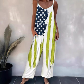 Ολόσωμη φόρμα με εκτύπωση, καθημερινή γραμμή, χωρίς μανίκια, ρυθμιζόμενες τιράντες, πολυεστερικό ύφασμα, ίσια γραμμή παντελόνι, Άνοιξη 2024