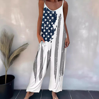 Ολόσωμη φόρμα με εκτύπωση, καθημερινή γραμμή, χωρίς μανίκια, ρυθμιζόμενες τιράντες, πολυεστερικό ύφασμα, ίσια γραμμή παντελόνι, Άνοιξη 2024