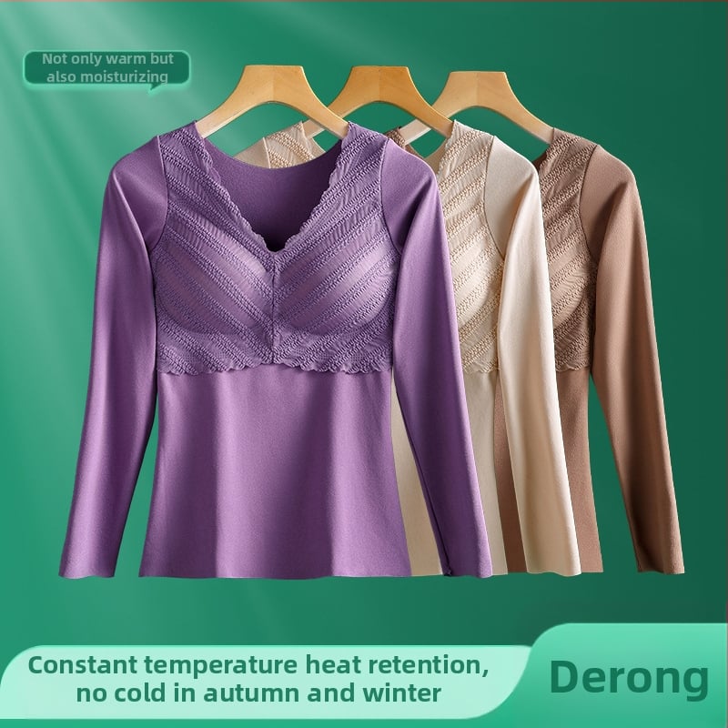 Moteriška V kaklo iškirpte ilgomis rankovėmis bazinis topas, nėrinių detalės, krūties pagalvėlė, tankus poliesterio audinys