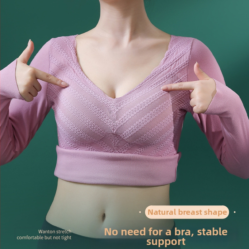 Дамска базова долна блуза с V-образно деколте, дантела, подплънка за бюста, дълги ръкави, топла полиестрова тъкан