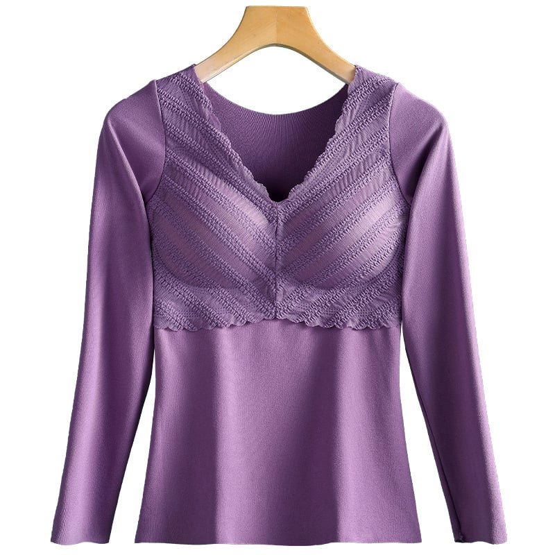 Top de bază feminin cu decolteu în V, mâneci lungi, dantelă, pernă pentru bust, țesătură groasă din poliester