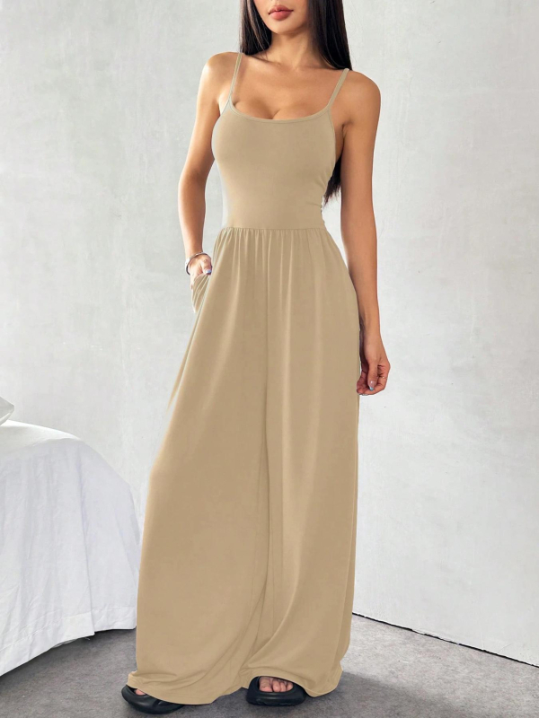 Ujjatlan női overál széles lábú, magas derékkal, poliészter-spandex keverék, tavasz 2025, street hipster stílus