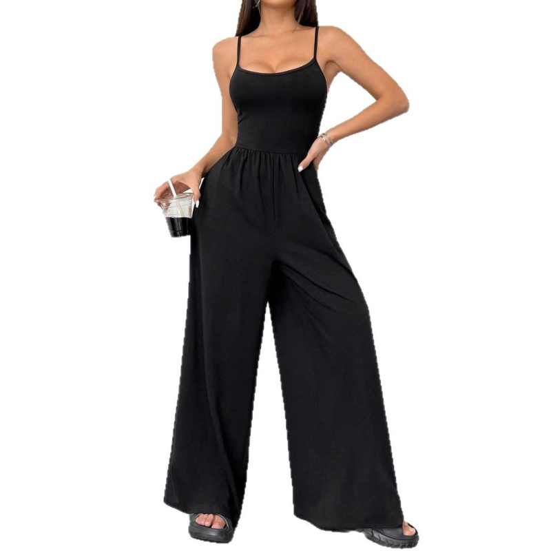 Ujjatlan női overál széles lábú, magas derékkal, poliészter-spandex keverék, tavasz 2025, street hipster stílus