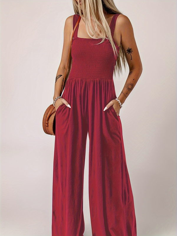 Ολόσωμη φόρμα με τιράντες, χωρίς μανίκια, ίσια γραμμή παντελονιού, Milk Silk ύφασμα, πολυεστέρας 90–95%