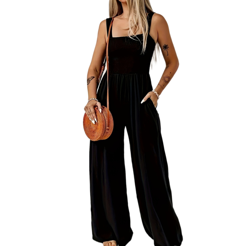 Ολόσωμη φόρμα με τιράντες, χωρίς μανίκια, ίσια γραμμή παντελονιού, Milk Silk ύφασμα, πολυεστέρας 90–95%