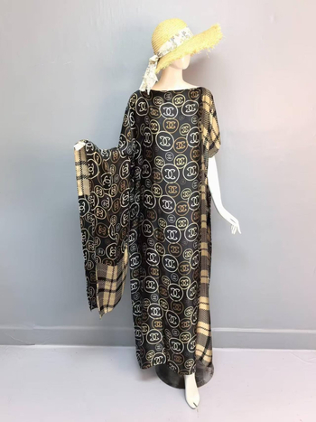 Μεγέθους Plus: Μουσουλμανικό Ρόμπα-Φόρεμα από Σατέν Ιμιτάσιο Μετάξι, Εκτύπωση, Μανίκια Τύπου Μπατ, Μήκος 3/4, Μακριά Φούστα