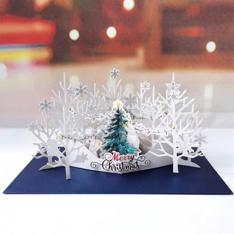 Коледна 3D pop-up поздравителна картичка със флорална подложка, ръчна изработка; Материал: хартия; Марка: 998; Стил: пасторален