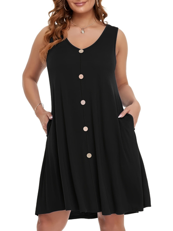 Γυναικείο φόρεμα με V-λαιμό, χωρίς μανίκια, με τσέπες, μεσαίου μήκους, PVC ύφασμα