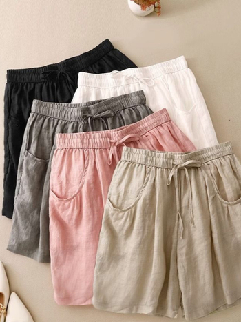 Памучно-ленени летни шорти, свободни, широки крачоли, три четвърти дължина, еластична талия