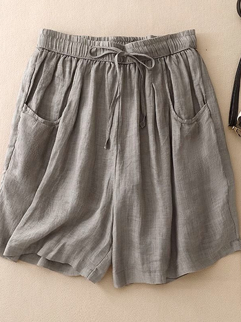 Памучно-ленени летни шорти, свободни, широки крачоли, три четвърти дължина, еластична талия