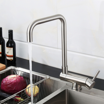 Кухненски смесител от неръждаема стомана 304, двойна конструкция, керамичен картридж, вертикален монтаж, модел HJ410