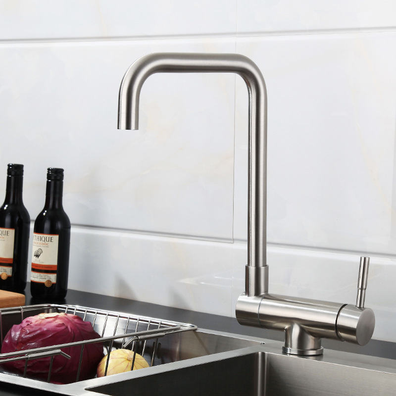 Кухненски смесител от неръждаема стомана 304, двойна конструкция, керамичен картридж, вертикален монтаж, модел HJ410