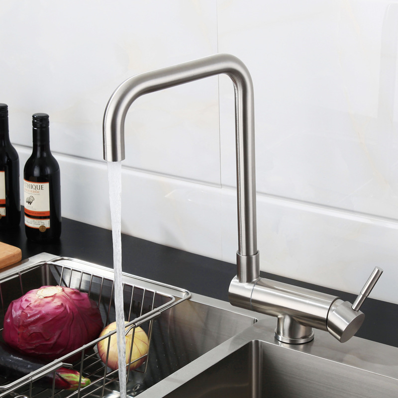 Кухненски смесител от неръждаема стомана 304, двойна конструкция, керамичен картридж, вертикален монтаж, модел HJ410