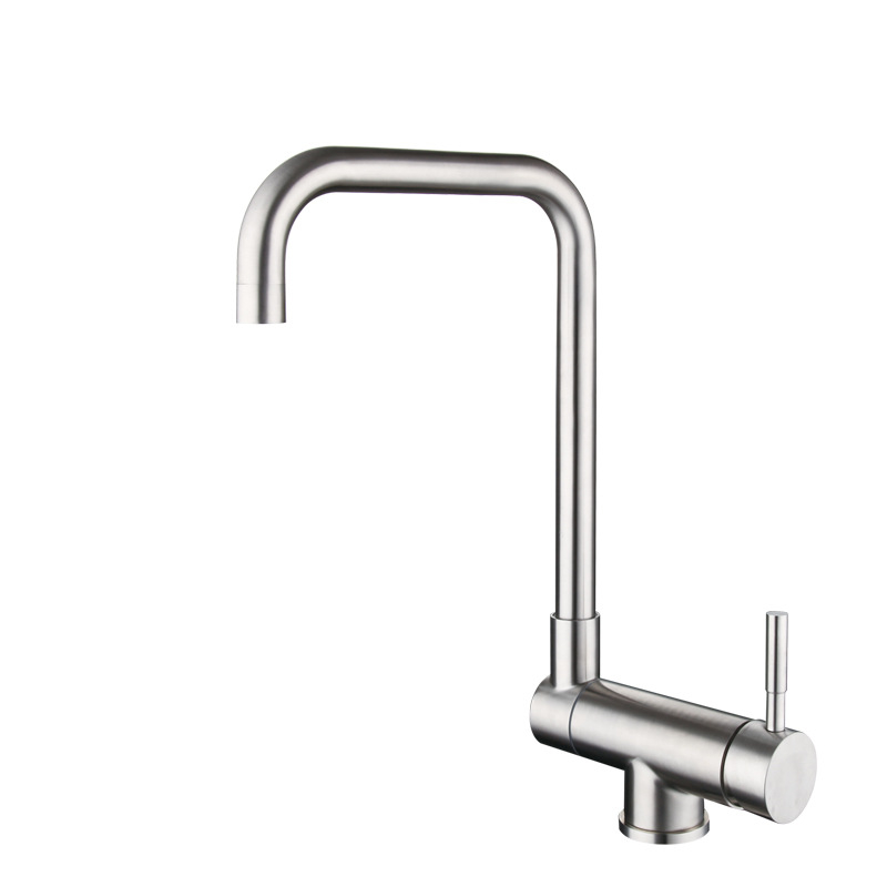 Кухненски смесител от неръждаема стомана 304, двойна конструкция, керамичен картридж, вертикален монтаж, модел HJ410