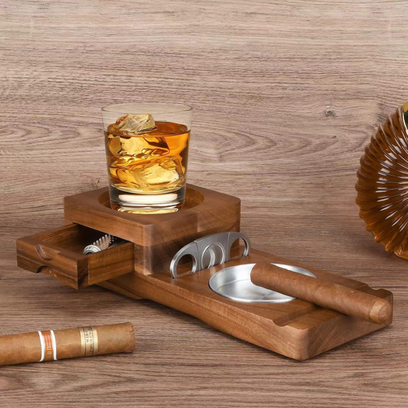 Vas de scrum pentru trabuc din lemn masiv de acacia, cu sertar pentru trabucuri, suport pentru pahar de whiskey și cutie pentru trabucuri