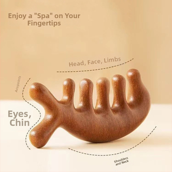 Medinis masažinis šukos iš sandalmedžio galvos odos ir veido masažai, penki dantys, meridijano dizainas