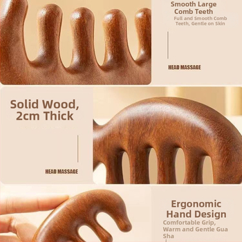 Medinis masažinis šukos iš sandalmedžio galvos odos ir veido masažai, penki dantys, meridijano dizainas