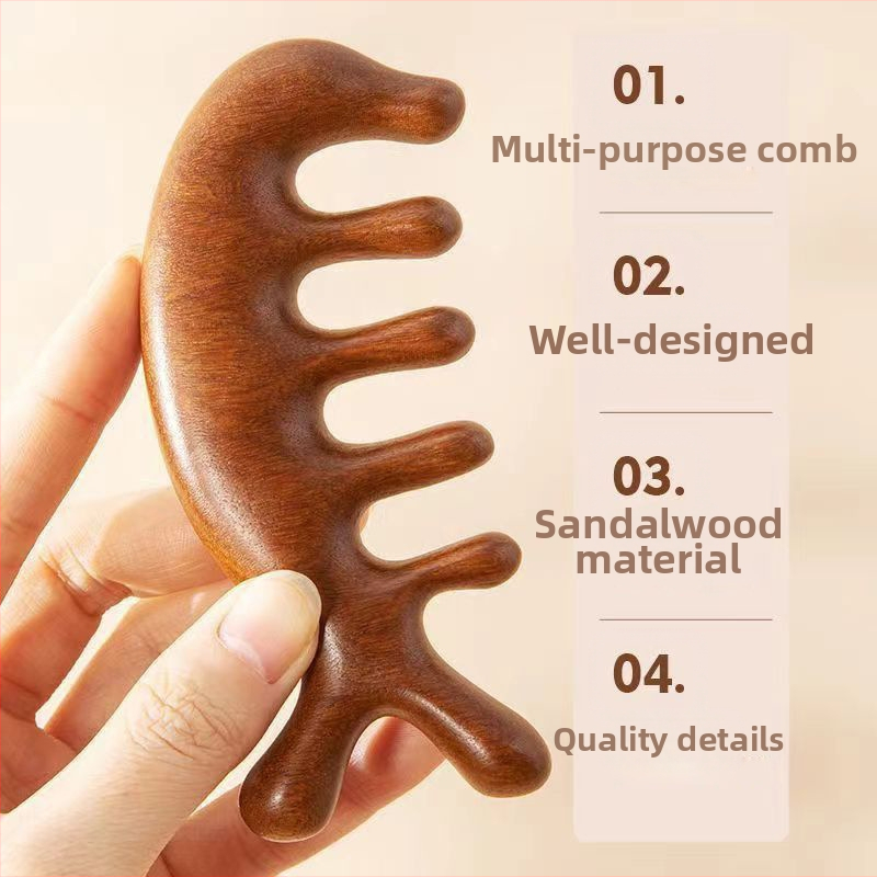 Medinis masažinis šukos iš sandalmedžio galvos odos ir veido masažai, penki dantys, meridijano dizainas