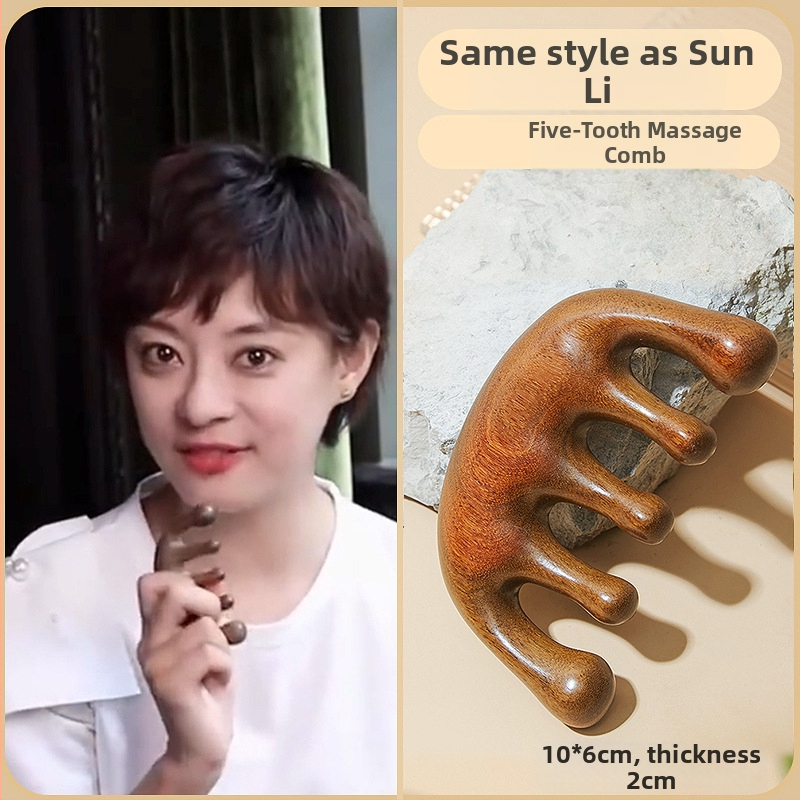 Medinis masažinis šukos iš sandalmedžio galvos odos ir veido masažai, penki dantys, meridijano dizainas