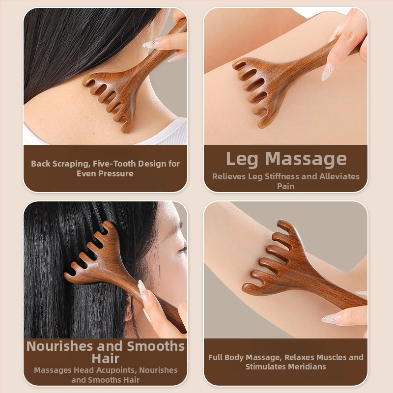 Medinis masažinis šukos iš sandalmedžio galvos odos ir veido masažai, penki dantys, meridijano dizainas