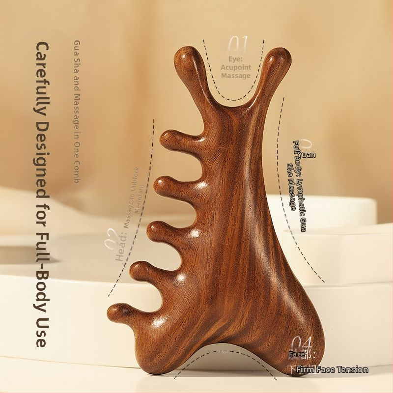 Medinis masažinis šukos iš sandalmedžio galvos odos ir veido masažai, penki dantys, meridijano dizainas