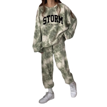 Γυναικείο σετ δύο τεμαχίων σε κορεατικό στυλ, λεπτό, με τυπωμένο πουλόβερ με μακριά μανίκια και παντελόνια, πολυεστέρας 95%+, φθινοπωρο 2024.