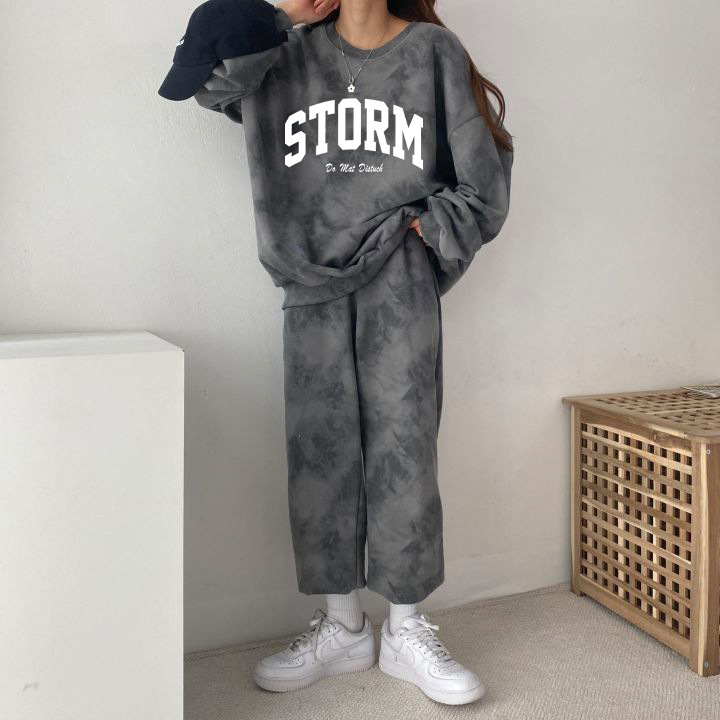 Set dama din două piese în stil coreean, slim, cu pulover imprimat cu guler rotund și mâneci lungi și pantaloni, poliester 95%+, toamnă 2024