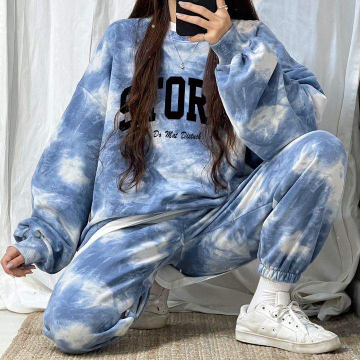 Set dama din două piese în stil coreean, slim, cu pulover imprimat cu guler rotund și mâneci lungi și pantaloni, poliester 95%+, toamnă 2024