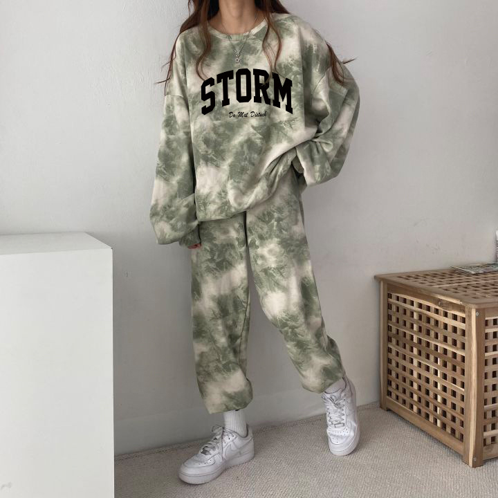 Set dama din două piese în stil coreean, slim, cu pulover imprimat cu guler rotund și mâneci lungi și pantaloni, poliester 95%+, toamnă 2024