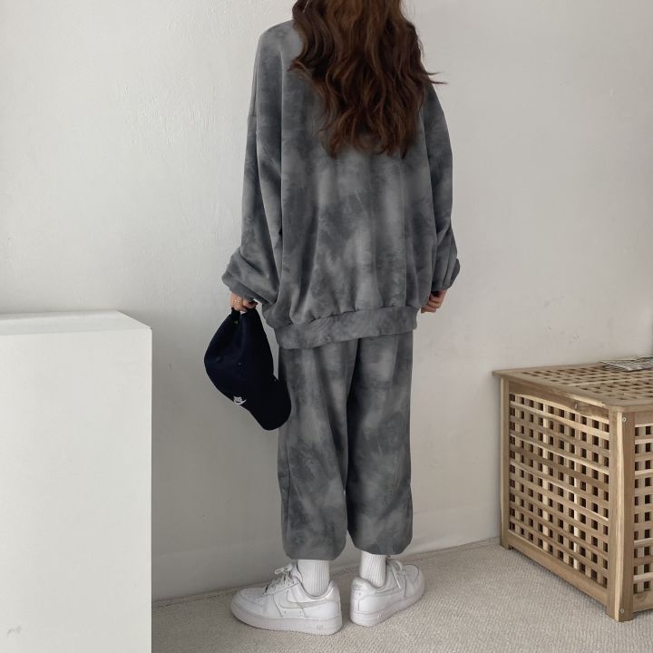 Set dama din două piese în stil coreean, slim, cu pulover imprimat cu guler rotund și mâneci lungi și pantaloni, poliester 95%+, toamnă 2024