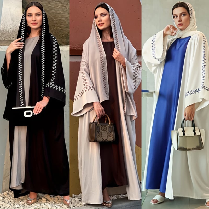 Abaya brodată, rochie lungă cu mâneci tip aripă, 95% poliester