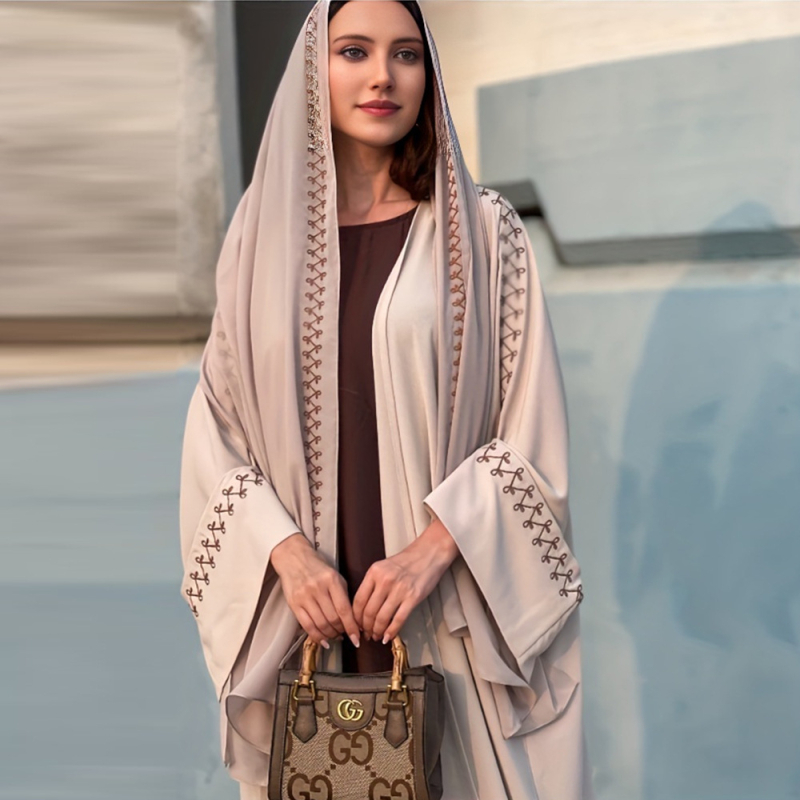 Abaya brodată, rochie lungă cu mâneci tip aripă, 95% poliester
