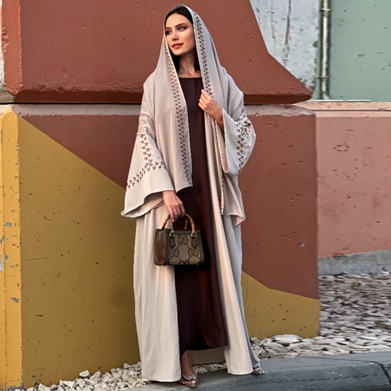 Abaya brodată, rochie lungă cu mâneci tip aripă, 95% poliester