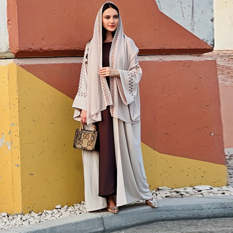 Abaya brodată, rochie lungă cu mâneci tip aripă, 95% poliester