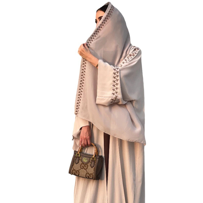 Abaya brodată, rochie lungă cu mâneci tip aripă, 95% poliester