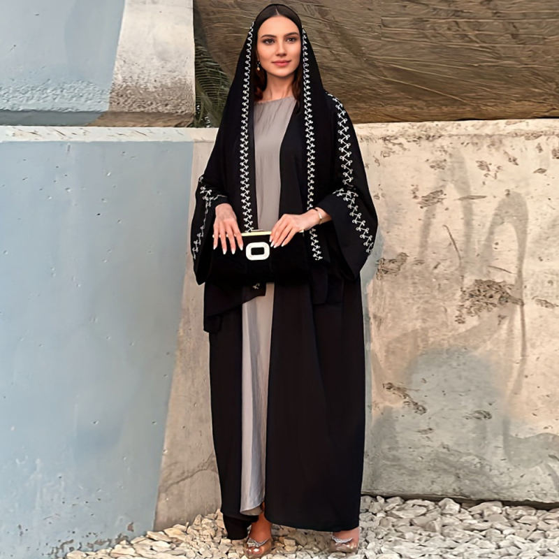 Abaya brodată, rochie lungă cu mâneci tip aripă, 95% poliester