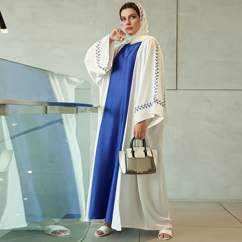 Abaya brodată, rochie lungă cu mâneci tip aripă, 95% poliester