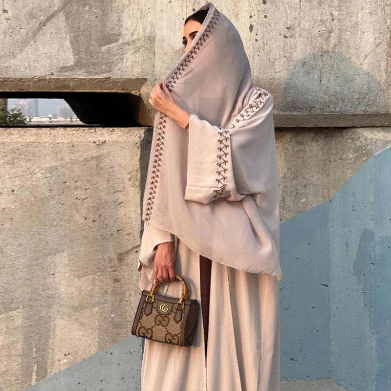 Abaya brodată, rochie lungă cu mâneci tip aripă, 95% poliester