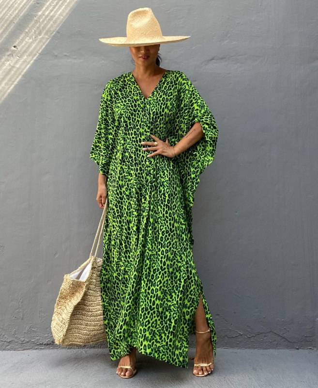 Leopardų spaudinio paplūdimio uždangalio marškiniai, laisvas kirpimas, saulės apsaugos dizainas, audinys Rayon su medvilnės pamušalu, 300 g MB255