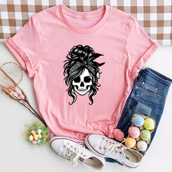 Tricou damă din poliester cu mânecă scurtă, guler rotund și imprimeu cu slogan