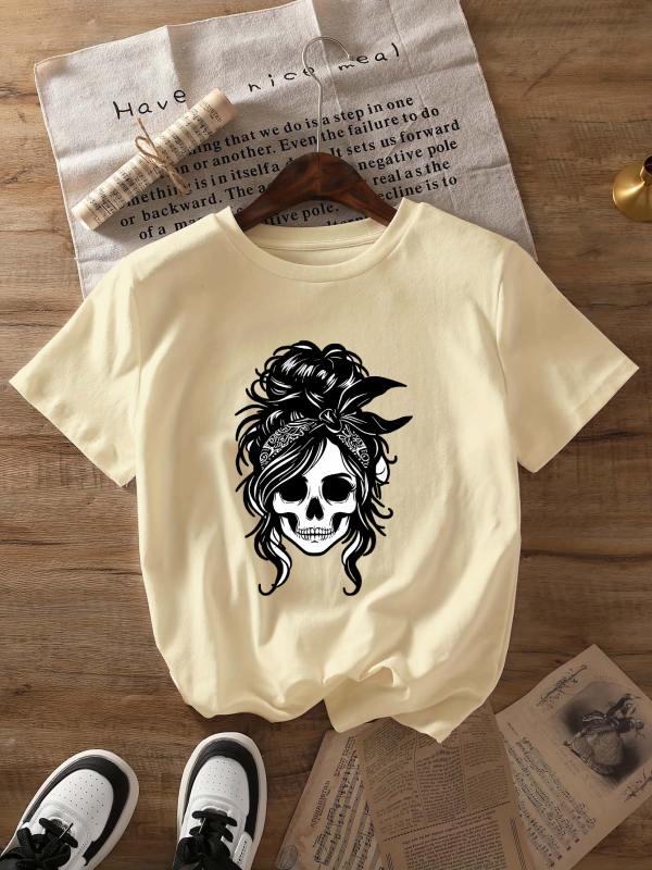 Tricou damă din poliester cu mânecă scurtă, guler rotund și imprimeu cu slogan