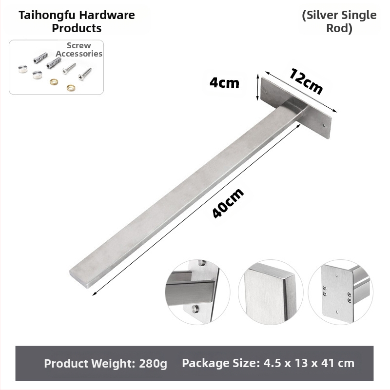 Rozsdamentes acél törölközőtartó, falra szerelhető, egyetlen rétegű, teherbírás 10 kg, felületi kezelés: sütőfesték, elektroplakolás, ezüstös felület