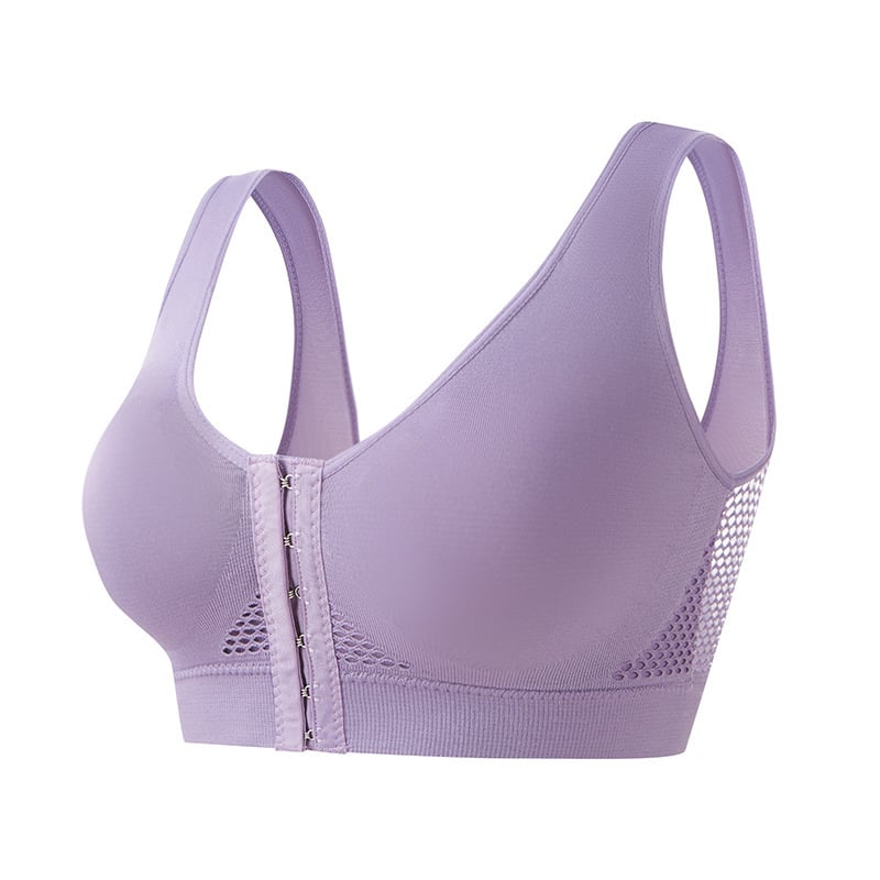 Спортен бюстгальтер с предно закопчаване, чашки от пяна, безжичен, дишащ, с фиксирани двойни презрамки