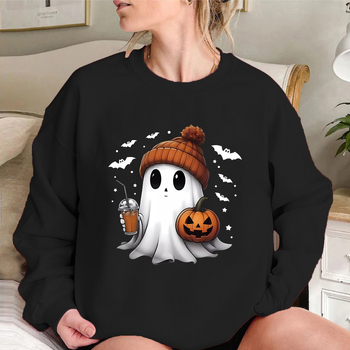 Hanorac lejer cu umeri căzuți, căptușit cu polar, imprimeu Halloween cu fantomă și dovleac, material poliester
