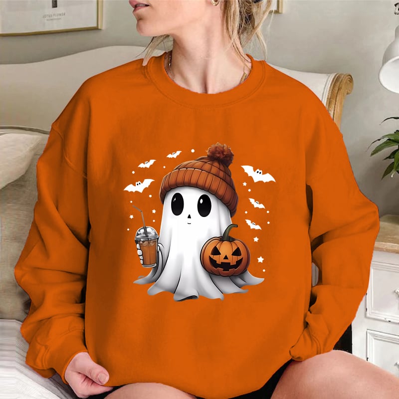 Hanorac lejer cu umeri căzuți, căptușit cu polar, imprimeu Halloween cu fantomă și dovleac, material poliester