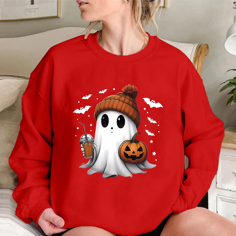 Hanorac lejer cu umeri căzuți, căptușit cu polar, imprimeu Halloween cu fantomă și dovleac, material poliester