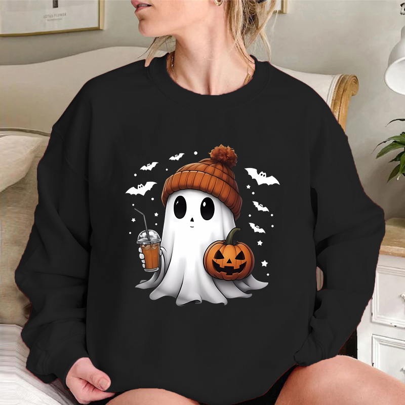 Hanorac lejer cu umeri căzuți, căptușit cu polar, imprimeu Halloween cu fantomă și dovleac, material poliester