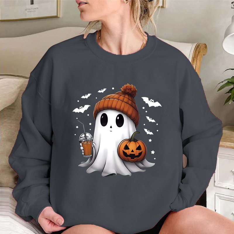 Hanorac lejer cu umeri căzuți, căptușit cu polar, imprimeu Halloween cu fantomă și dovleac, material poliester
